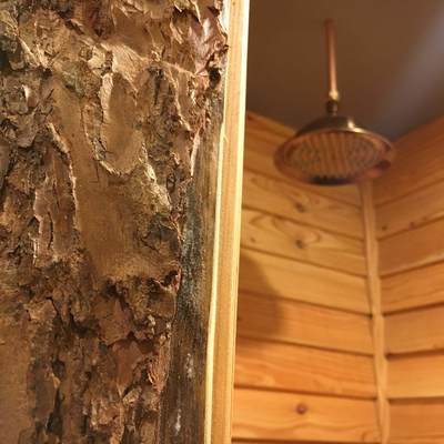 copper shower wood detail
